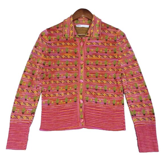 Zara Sweaters - Zara Cardigan Women's Large Pink Cactus Flower Print Knit Sweater Preppy Boho